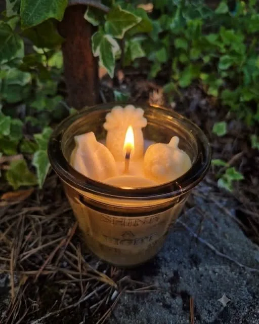 Bougie artisanale d'automne coul&eacute;e &agrave; la main, d&eacute;cors de cire en forme de gland et de feuille, dans un contenant en verre ambr&eacute;
